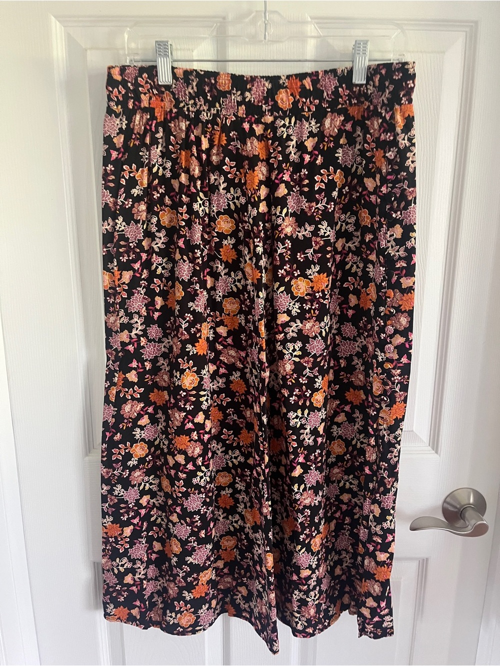 LOFT Black A-Line Midi Skirt with Pink and Orange Floral Pattern